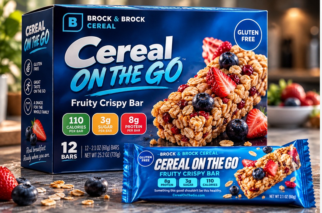 Brock and Brock Cereal On The Go Fruity Crispy Bar 12-bar box and individually wrapped bar photographed in a warm kitchen