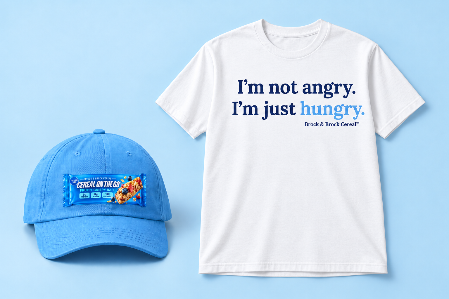 Sky blue Cereal On The Go cap and white I’m not angry. I’m just hungry. T-shirt with small Brock & Brock Cereal™ branding beneath hungry
