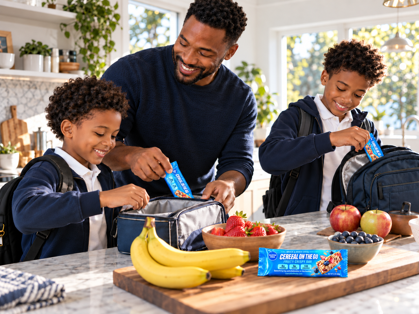 A father and two sons packing Cereal On The Go Fruity Crispy Bars into their school bags